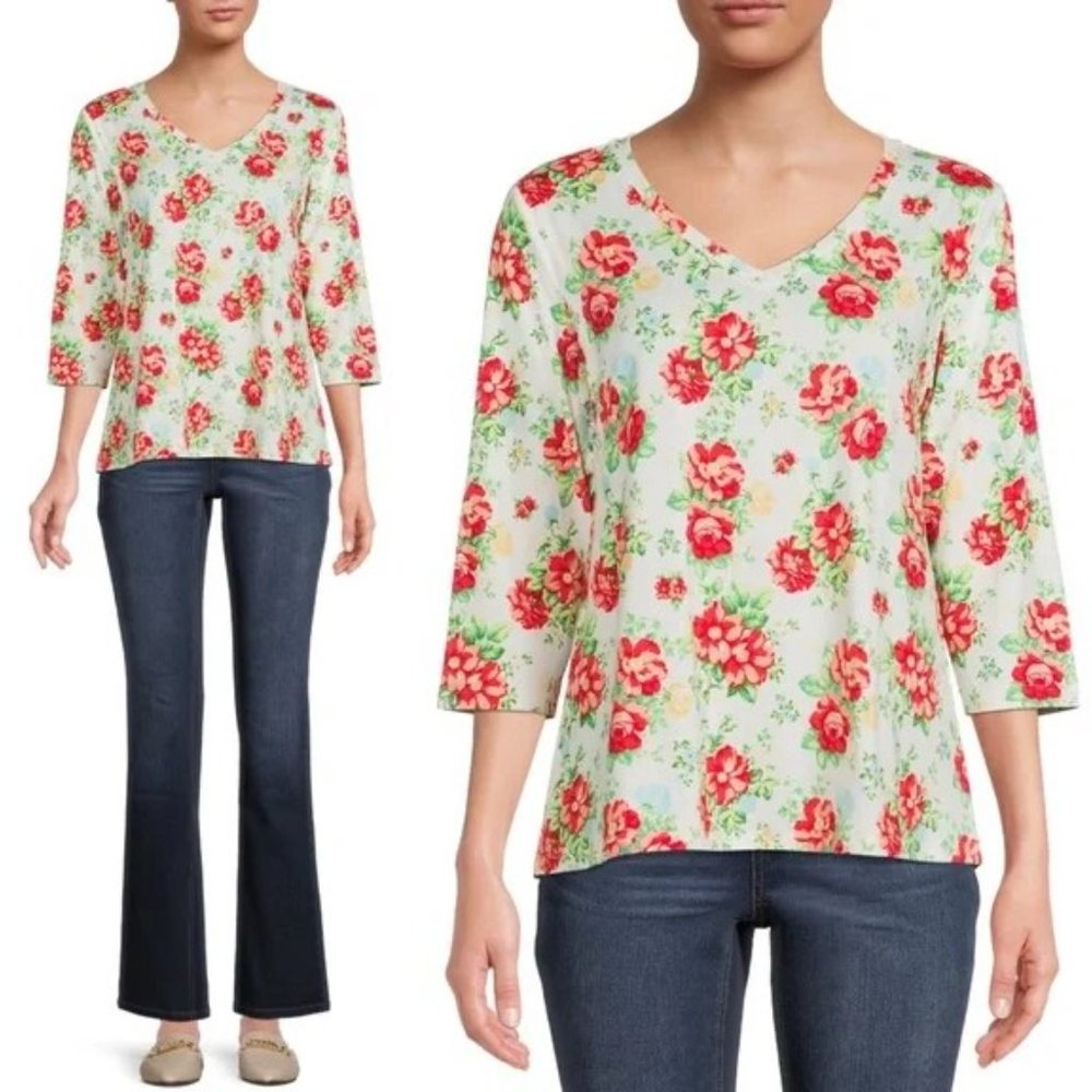 The Pioneer Woman White and Red Rose Print 3/4 Sleeve Blouse